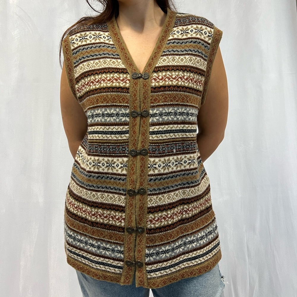 Brown and cream vintage 90s Marie-Claire knit sweater vest with button detail